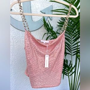 NWT Olivaceous Sequin Crystal Shinning Top with Chain Straps - Size M